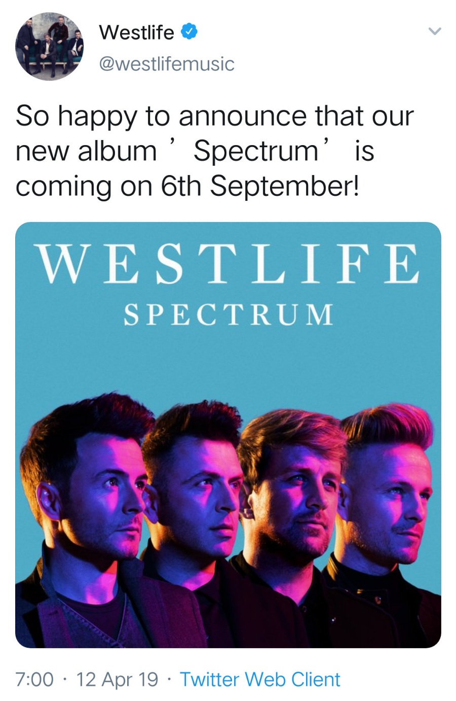 westlife回归专辑《spectrum》9月6日发行!